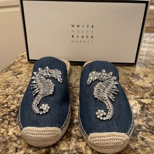 WHBM Jeweled Seahorse Denim Espadrille Slides size 9